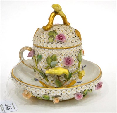 Lot 348 - A Meissen Porcelain Schneeballen Chocolate Cup, Cover and Stand, late 19th century, applied...