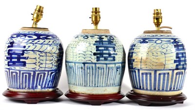 Lot 367 - A Set of Three Chinese Porcelain Ginger Jars, 19th/20th century, of ovoid form, painted in...