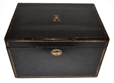 Lot 382 - A Chinese Export Lacquer Tea Chest, circa 1815, gilt with a dragon's crest over initials SA,...