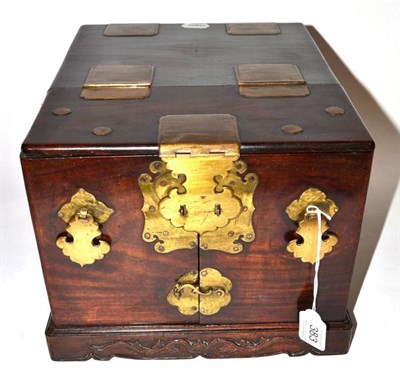Lot 383 - A Chinese Brass Mounted Hardwood Travelling Dressing Chest, of rectangular form, the hinged folding