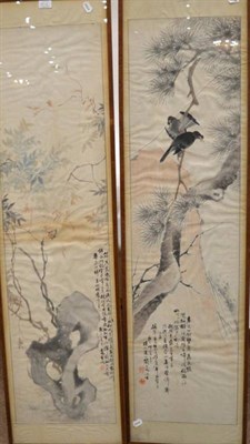Lot 385 - Chinese Scroll Paintings (19th century), crows, pine tree and a butterfly in rockwork, watercolour