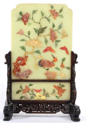 Lot 388 - A Chinese Jade Table Screen, of arched rectangular form, inlaid in coloured hardstones with a crane