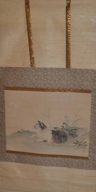 Lot 416 - Mori Tetsuzan (1775-1841) Study of a cat with a butterfly Signed and with seal mark,...