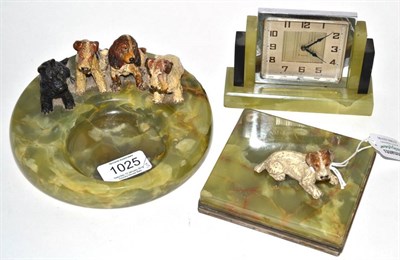 Lot 1025 - An Art Deco Austrian Cold Painted Bronze Dogs Pin Dish, the circular Brazilian green onyx base...
