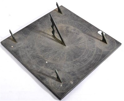 Lot 1033 - A Slate Sun Dial, 19th century, the square plate with central dial and four subsidiary dials fitted