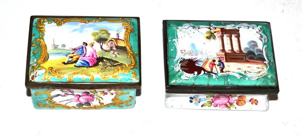 Lot 1037 - A Staffordshire Enamel Snuff Box and Cover, circa 1770, of rectangular form, painted with lovers in