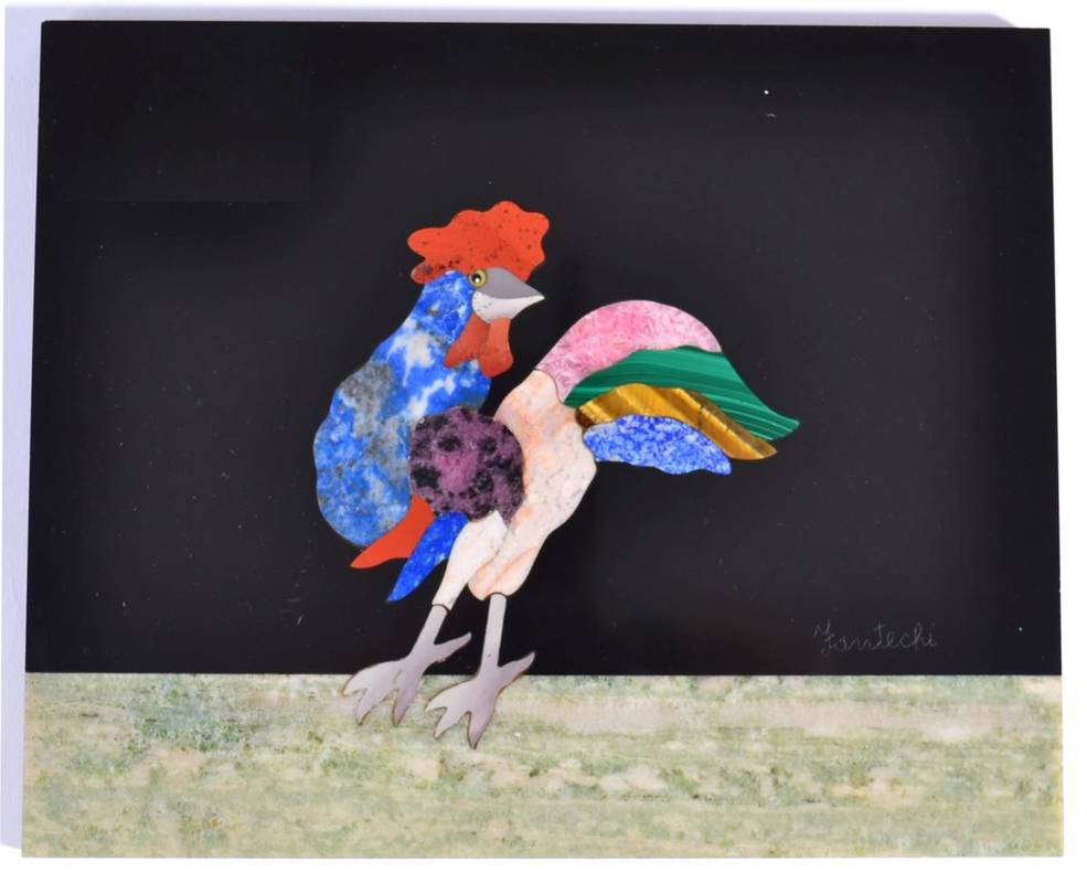 Lot 1038 - A Pietra Dura Panel, 20th century, worked with a cockerel, signed Fantechi, 14.5cm by 17.5cm