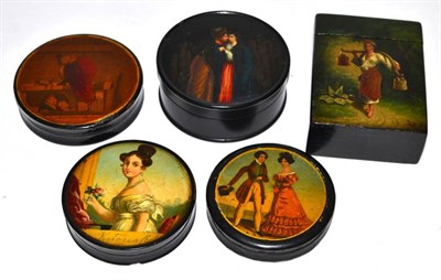 Lot 1044 - A Papier Mâché Circular Box and Cover, mid 19th century, painted with a bust portrait of...