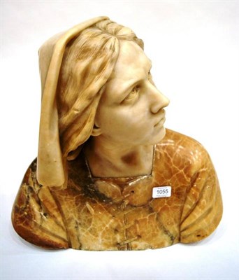 Lot 1055 - An Italian Carved Alabaster Bust of a Girl, circa 1900, wearing a head scarf and laced jacket, 45cm