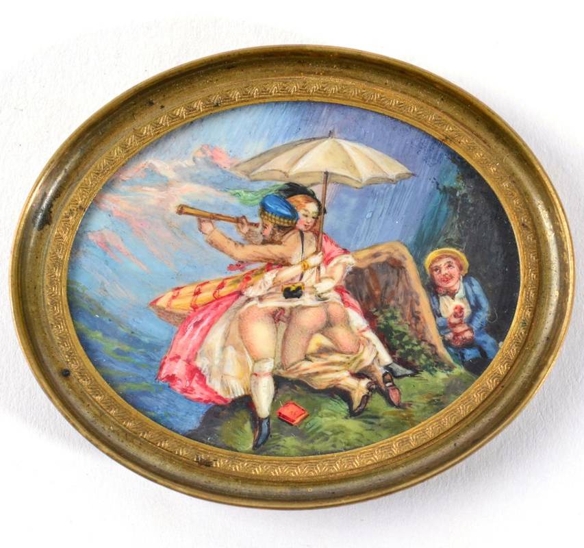 Lot 1057 - British School (19th century): A Miniature, depicting a Scotsman and a lady in an erotic embrace, a