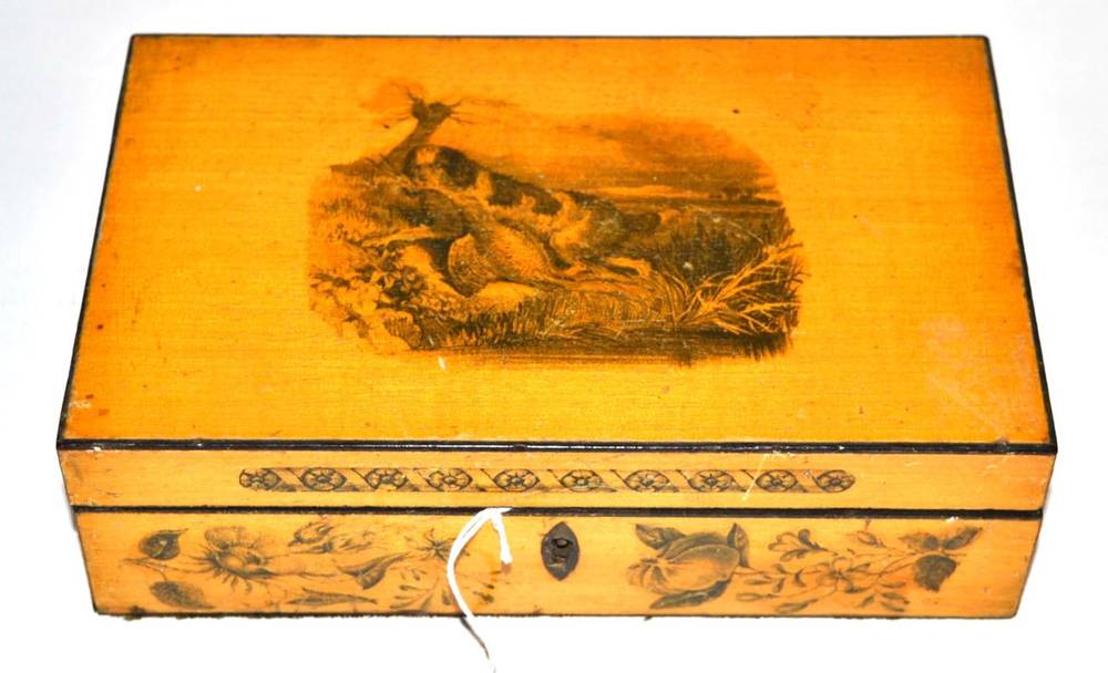 Lot 1070 - A Penwork Sewing Box, mid 19th century, decorated with a dog and game and with flowers, 20.5cm wide