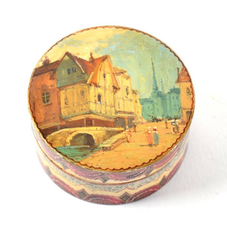 Lot 1072 - An Ivory and Vernis Martin Circular Box and Cover, mid 19th century, painted with landscapes,...