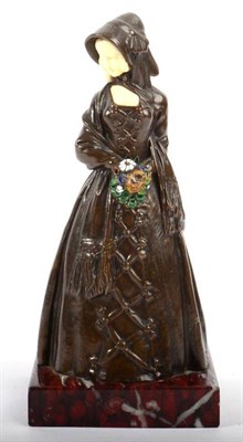 Lot 1084 - E Meier: A Bronze and Ivory Figure of a Girl, holding an enamel decorated bouquet of flowers,...