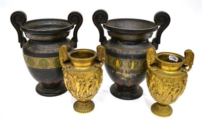 Lot 1086 - A Pair of Gilt Bronze Twin-Handled Neo-Classical Vases, relief figural friezes, footed bases,...