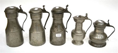 Lot 1100 - Three Pewter Flagons, 18th century, each 30cm high; and Two Smaller Flagons (5)
