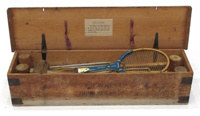 Lot 1102 - An S Haynes Croquet Set, early 20th century, in a stamped pine box, box 106cm wide; and with a...