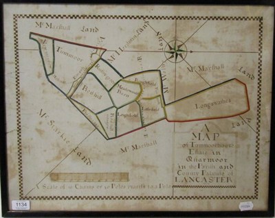 Lot 1134 - Hand-drawn map, hand-coloured in outline, of Tummoor Estate in Quarmoor, Lancaster, 1722,...