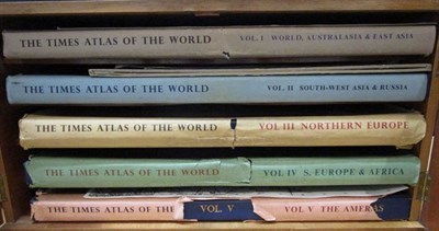 Lot 1163 - Times' Atlas of the World, 1955. Folio (5 vols). Org. cloth in djs, in purpose-made wooden...