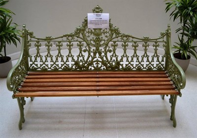 Lot 1168 - A Green Painted Coalbrookdale Style Garden Bench, cast with a shield within gothic tracery and...