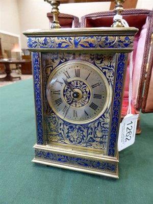 Lot 1262 - A Brass and Enamel Carriage Timepiece, circa 1900, carrying handle, floral and blue enamel...