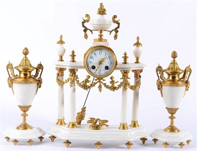 Lot 1271 - A White Marble Portico Striking Mantel Clock with Garniture, 20th century, portico case with...