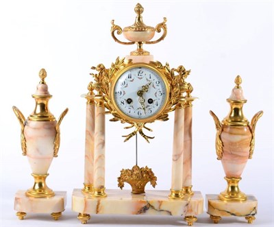Lot 1282 - A Marble Striking Portico Mantel Clock with Garniture, 20th century, urn shaped finial, Arabic...