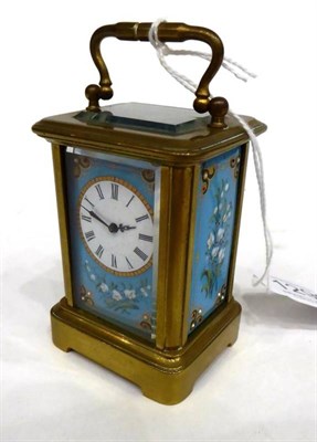 Lot 1290 - A Small Brass and Enamel Carriage Timepiece, circa 1900, carrying handle, light blue floral...