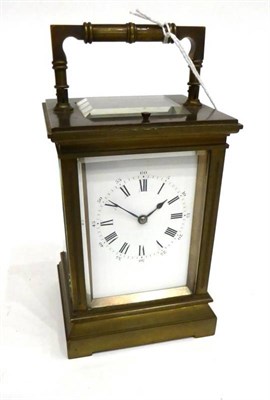 Lot 1293 - A Brass Striking and Repeating Carriage Clock, circa 1900, carrying handle and repeat button,...