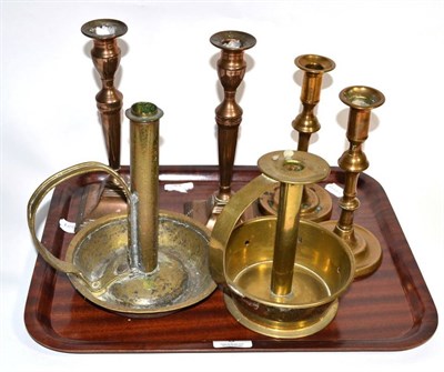 Lot 6 - A pair of Victorian copper candlesticks (formerly plated); a pair of brass candlesticks and two...