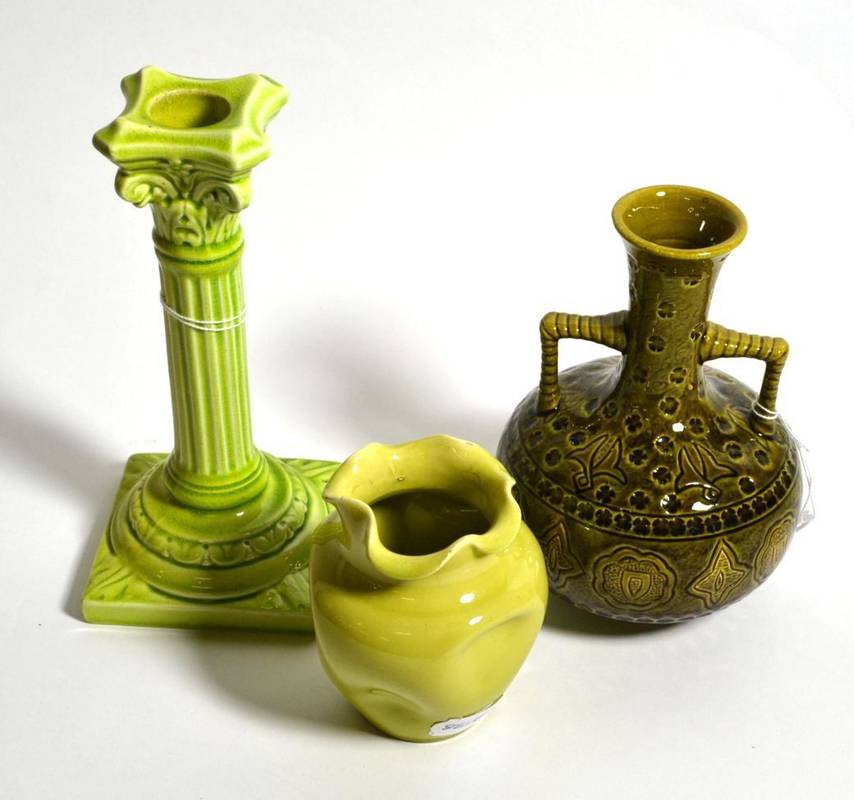 Lot 17 - A Burmantofts Faience pottery candlestick, lime glaze, impressed factory mark and 1198, 21cm; a...