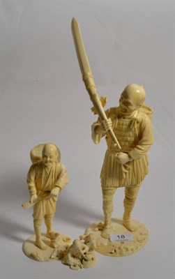 Lot 18 - Two Japanese ivory okimono of farmers, Meiji period, both signed; together with a small ivory...