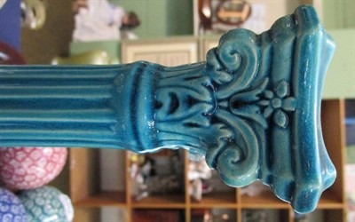 Lot 24 - A pair of Burmantoft's turquoise glaze Corinthian column candlesticks; together with five Victorian