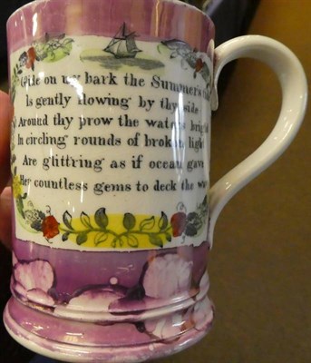 Lot 30 - Four pieces of Sunderland pink lustre comprising a frog mug, jug and bowl each decorated with...