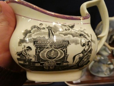 Lot 30 - Four pieces of Sunderland pink lustre comprising a frog mug, jug and bowl each decorated with...