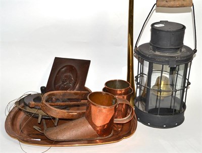 Lot 43 - A group of miscellaneous including a lantern, Hickory wool winder; copper measures; leather...