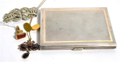 Lot 52 - An 18 carat gold single cufflink; a pendant; a paste set brooch; a fob seal; and a silver cigarette