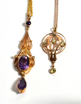 Lot 66 - An Edwardian seed pearl and amethyst necklace, and a similar peridot necklace