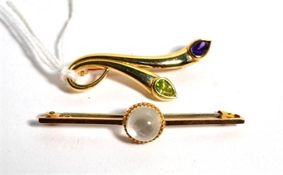 Lot 78 - A moonstone brooch stamped '9ct' and a 9 carat amethyst and peridot brooch, 6.9g gross (2)