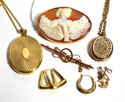 Lot 82 - A group of 9ct gold jewellery including lockets on chains, cameo brooch, earrings, etc