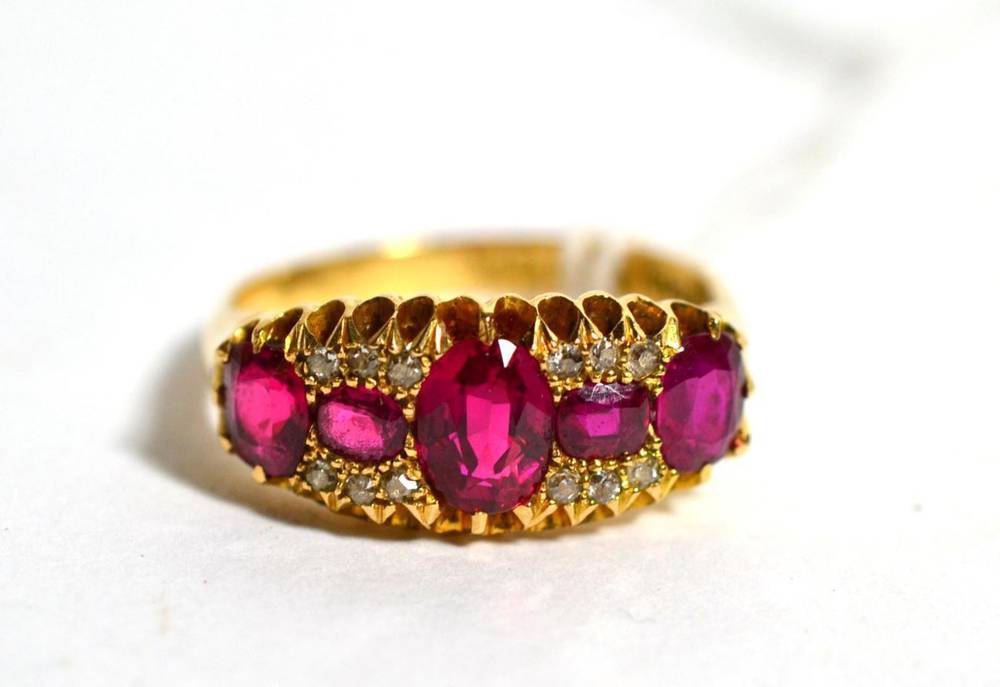 Lot 87 - 18 carat gold synthetic ruby and diamond ring, finger size T, 6.1g