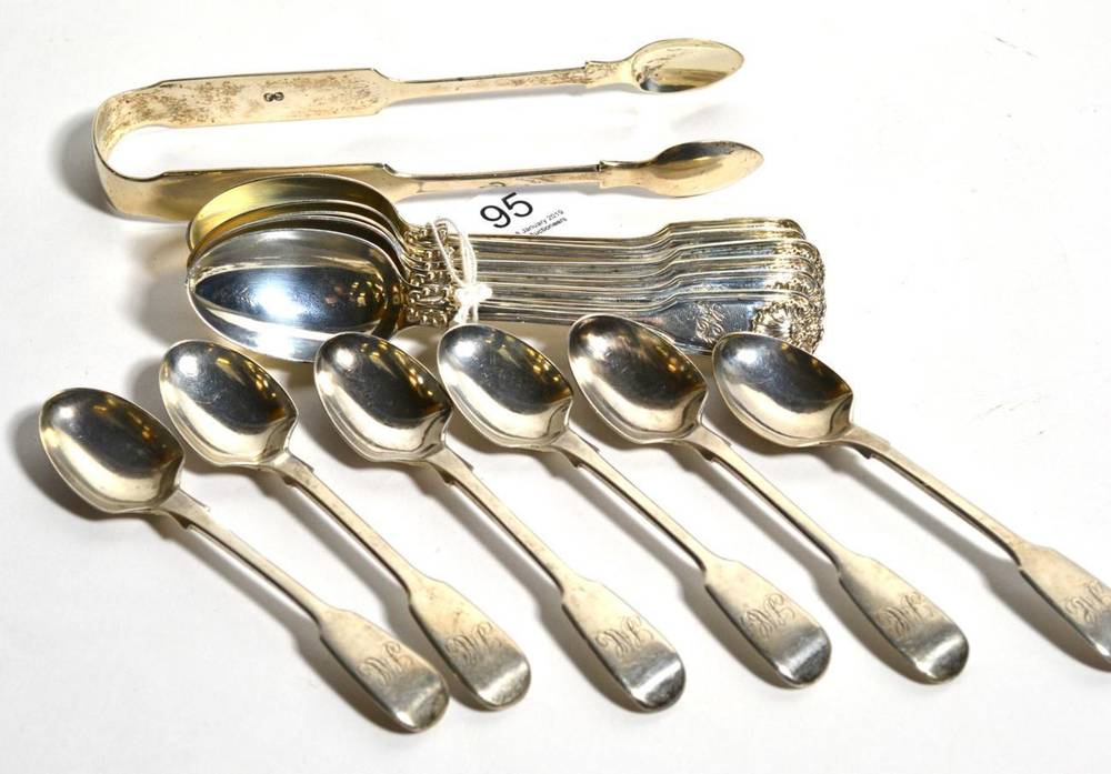Lot 95 - A set of six Victorian fiddle thread and shell pattern teaspoons; a set of six early Victorian...