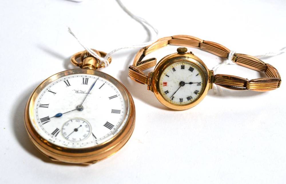 Lot 100 - A lady's 9ct gold bracelet wristwatch and a gold plated keyless pocket watch signed Waltham