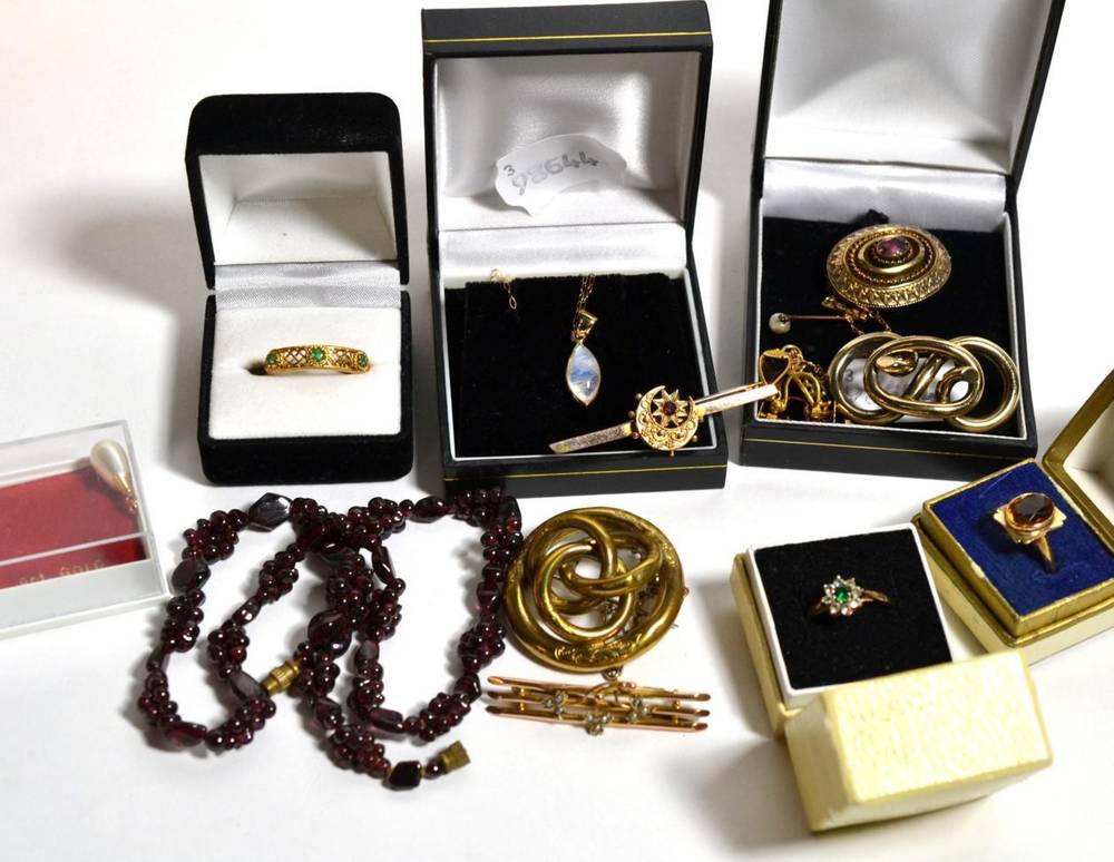 Lot 104 - A selection of jewellery comprising: three 9ct gold dress rings, a 9ct gold pendant, two...