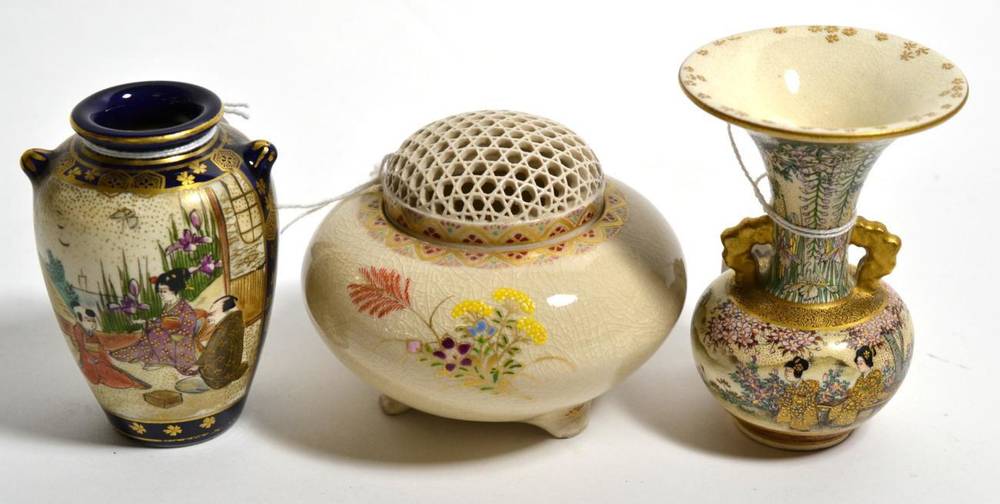 Lot 110 - Three pieces of 19th century Japanese Satsuma comprising a pot pourri with pierced cover and...