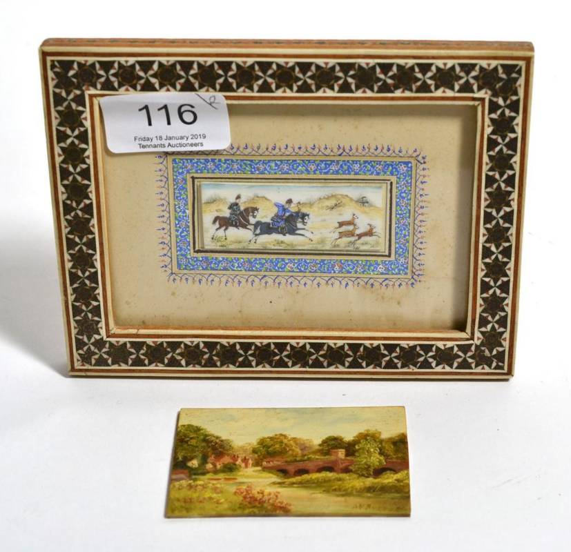 Lot 116 - A late 19th/early 20th century Persian ivory miniature  depicting a hunting scene with two...