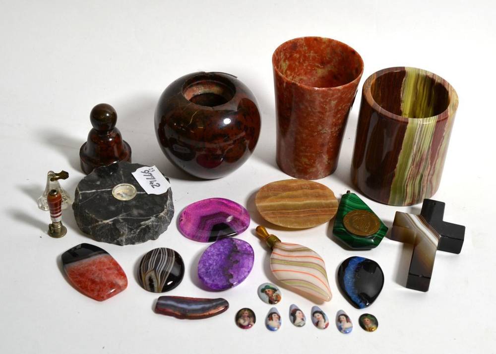 Lot 130 - Assorted agate items with other similar; together with a glass scent bottle and painted...