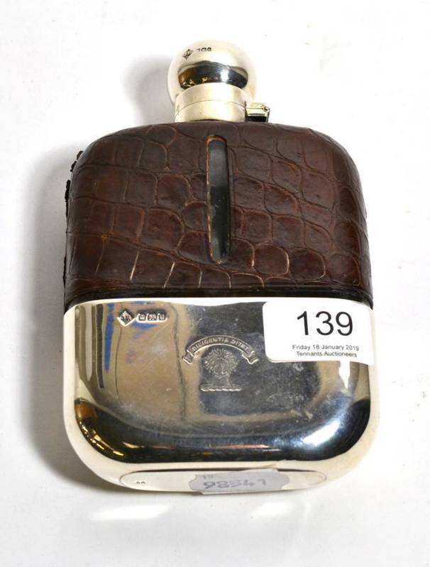 Lot 139 - A large silver mounted and leather covered glass hip flask, James Ramsey, Sheffield 1900/12,...