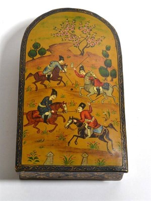 Lot 141 - A Persian papier mache box, decorated with polo payers, with a mirror to the interior