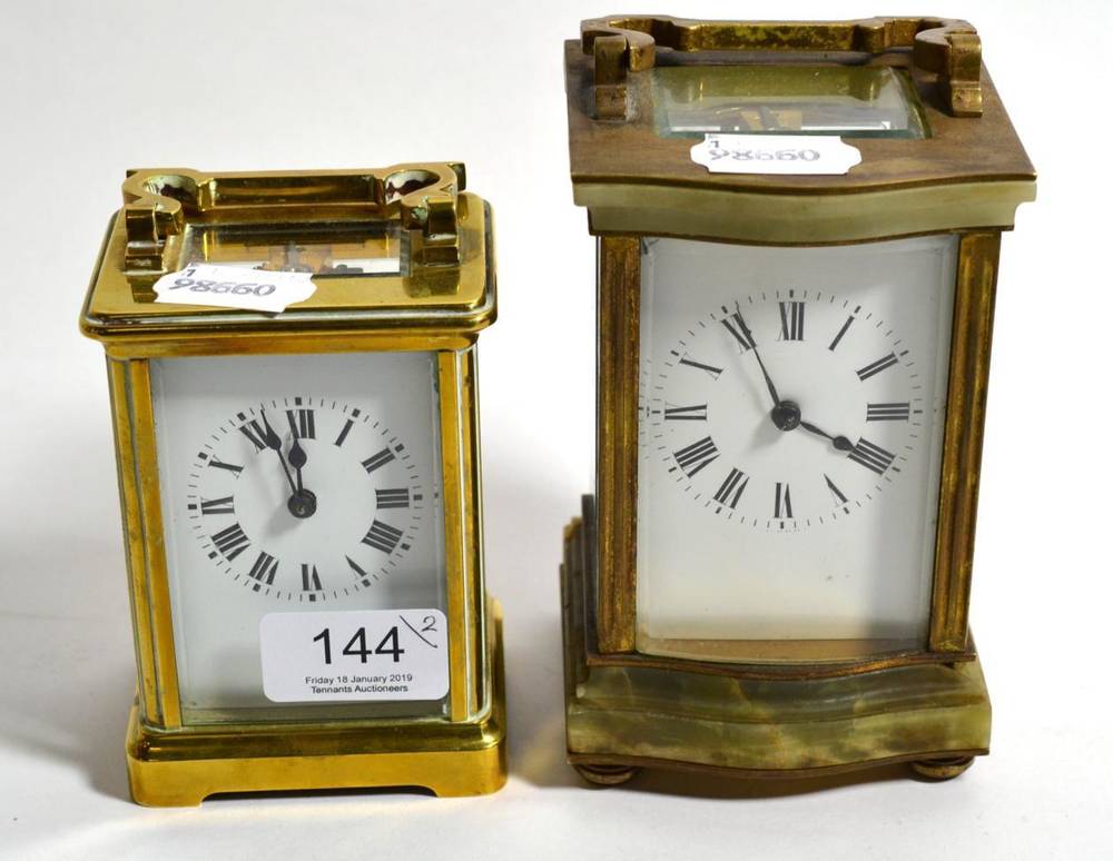 Lot 144 - A brass and green onyx striking carriage clock together with a brass carriage timepiece (2)