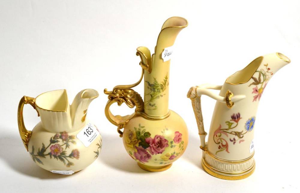 Lot 163 - Three Royal Worcester blush ivory jugs decorated with floral sprays, pattern numbers 1438, 1116 and